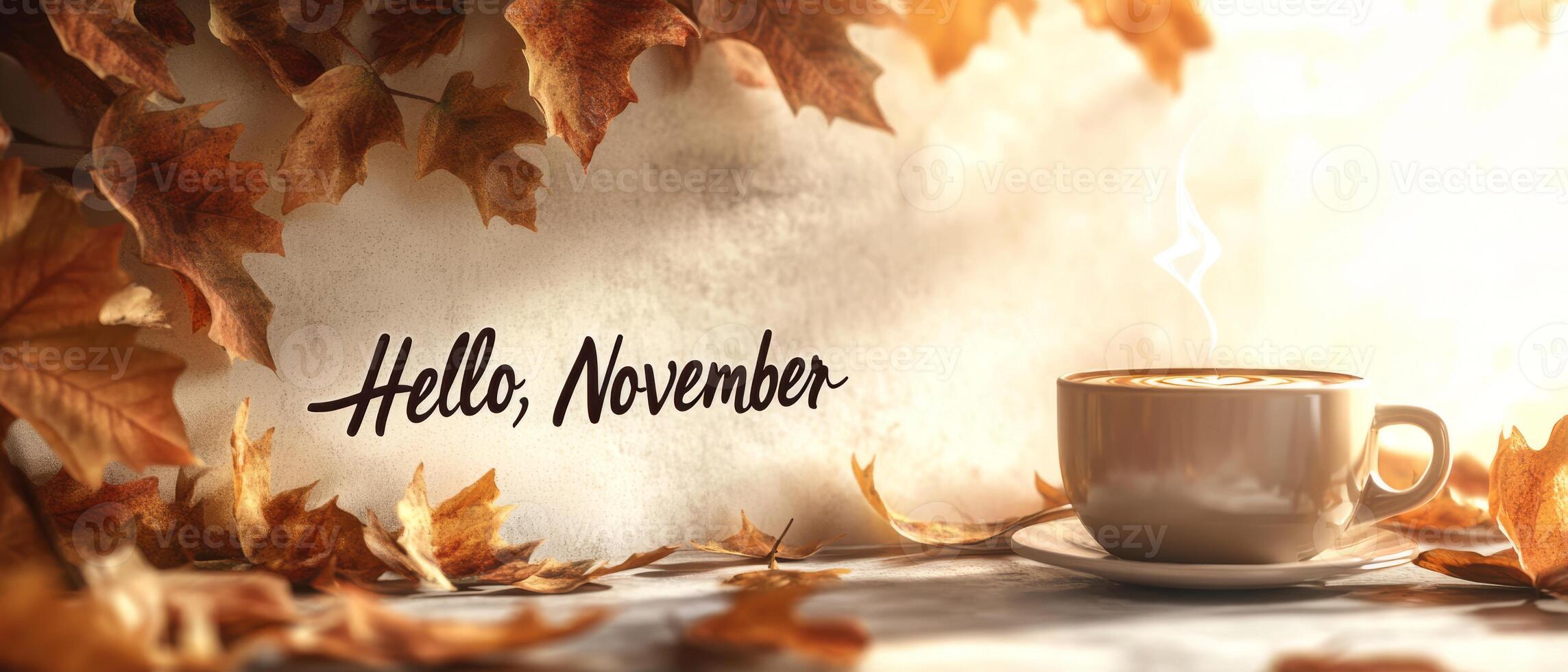In this artistic and cozy scene, a steaming cup of delightful coffee rests on a saucer, lovingly surrounded by vibrant orange leaves that beautifully capture the true essence of Novembers charm photo