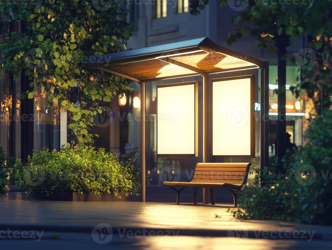 A modern bus stop is designed with an unoccupied advertising panel that stands out, enveloped by lush greenery, all set within a bustling urban environment that showcases vibrant city life photo