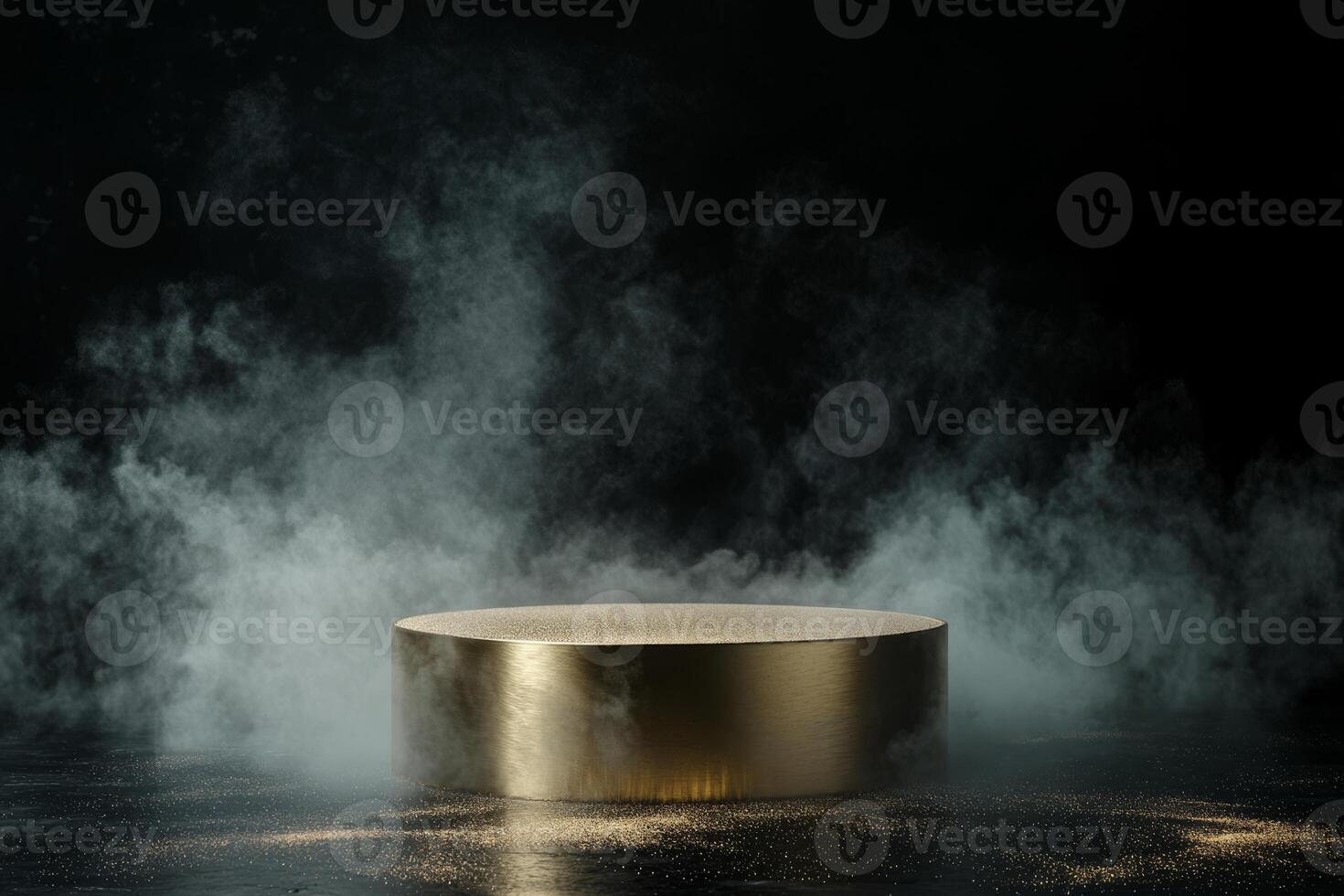 This 3D render features a golden podium surrounded by swirling mist on a dark backdrop, making it ideal for awards or presentations and adding a captivating touch to any visual display photo