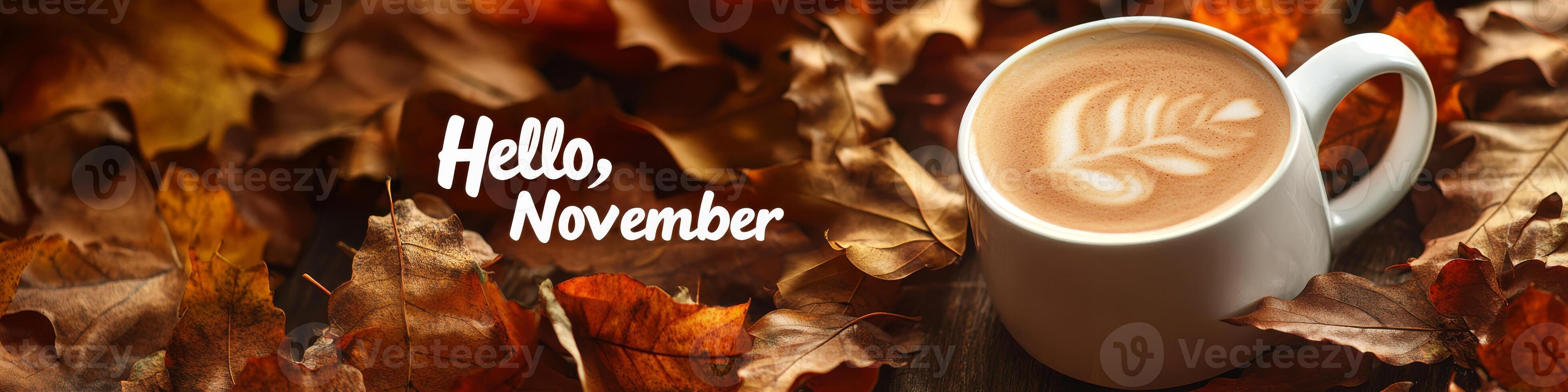 A warm cup of rich, aromatic coffee rests elegantly atop a delicate saucer, surrounded by vibrant orange autumn leaves that create a picturesque setting, welcoming the delightful month of November photo