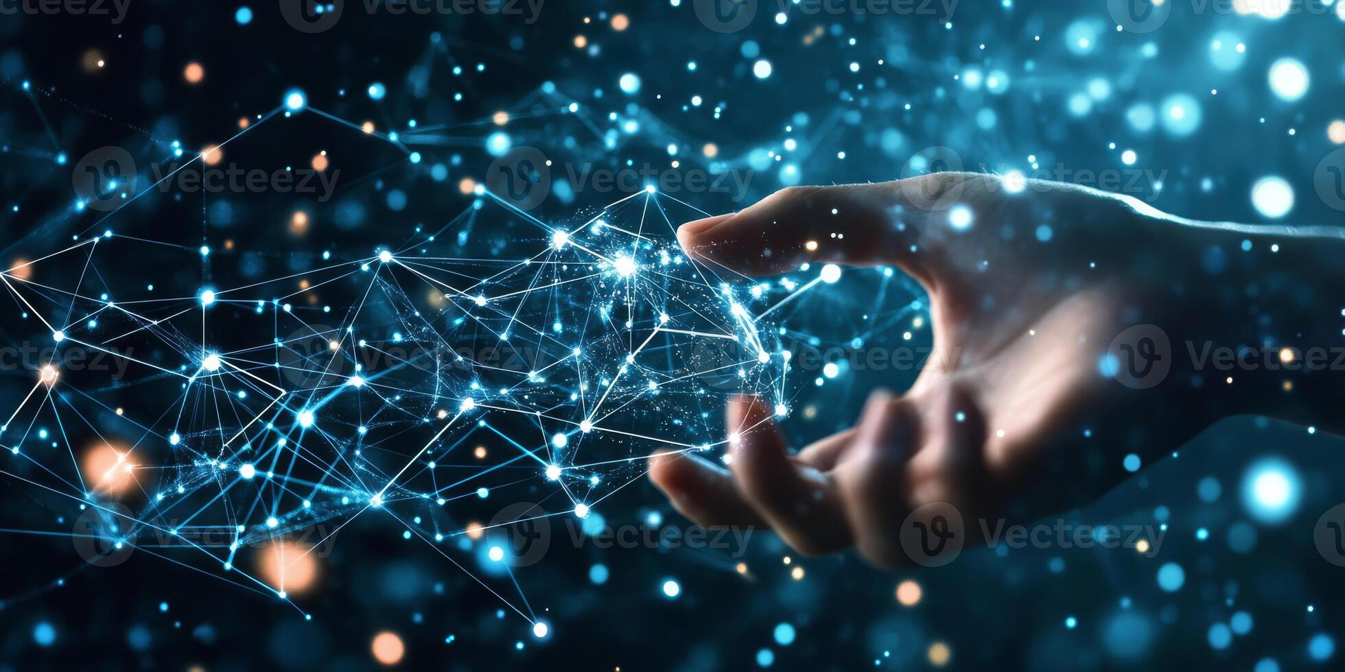 A human hand interacts with a hightech digital screen showing icons for advanced technology and cloud storage, set against a dark blue background that enhances the scenes futuristic feel photo