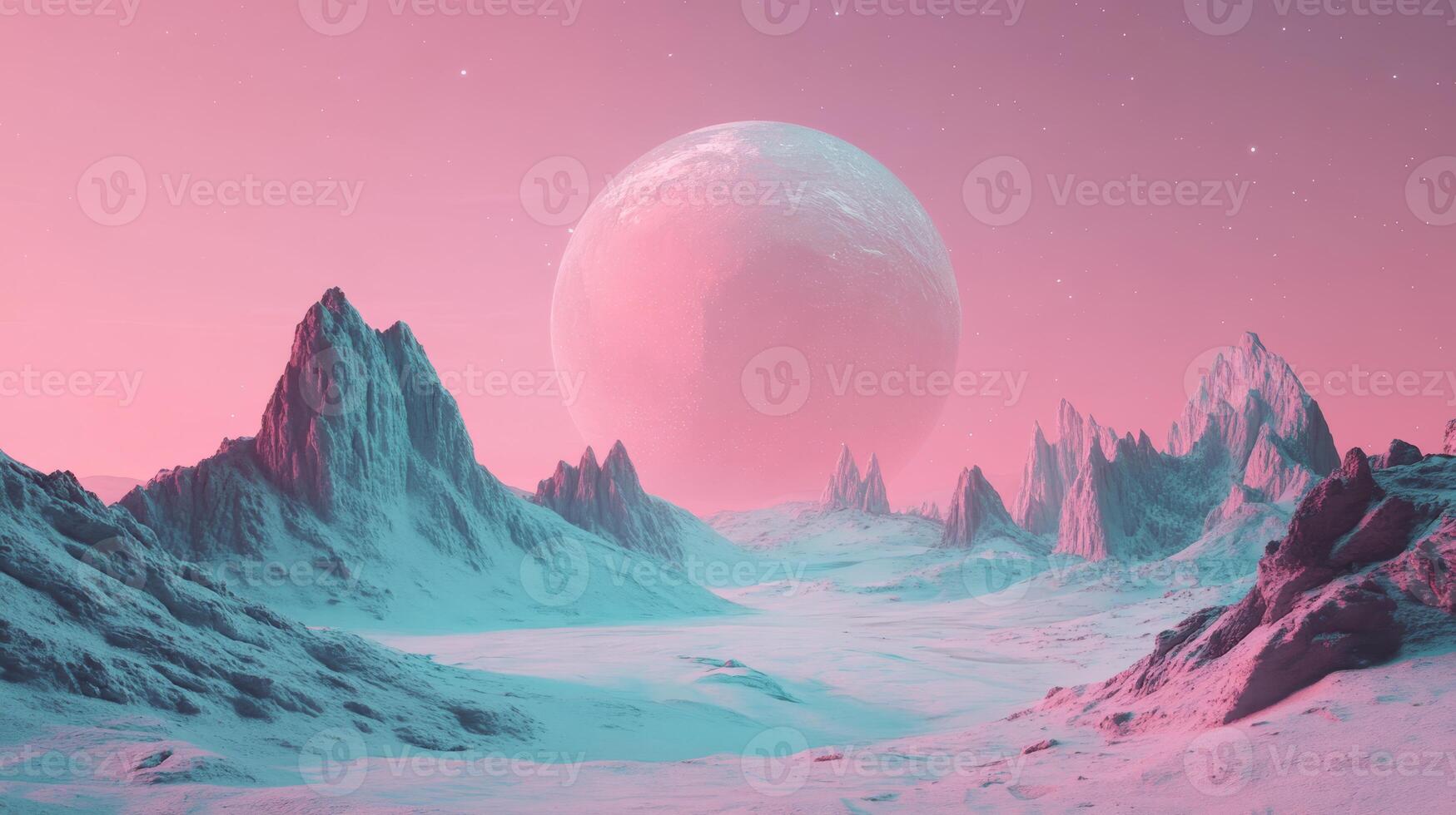 A captivating pastel galaxy scene features majestic mountains lit by a glowing moon, creating a serene and enchanting otherworldly atmosphere that inspires the viewers imagination photo