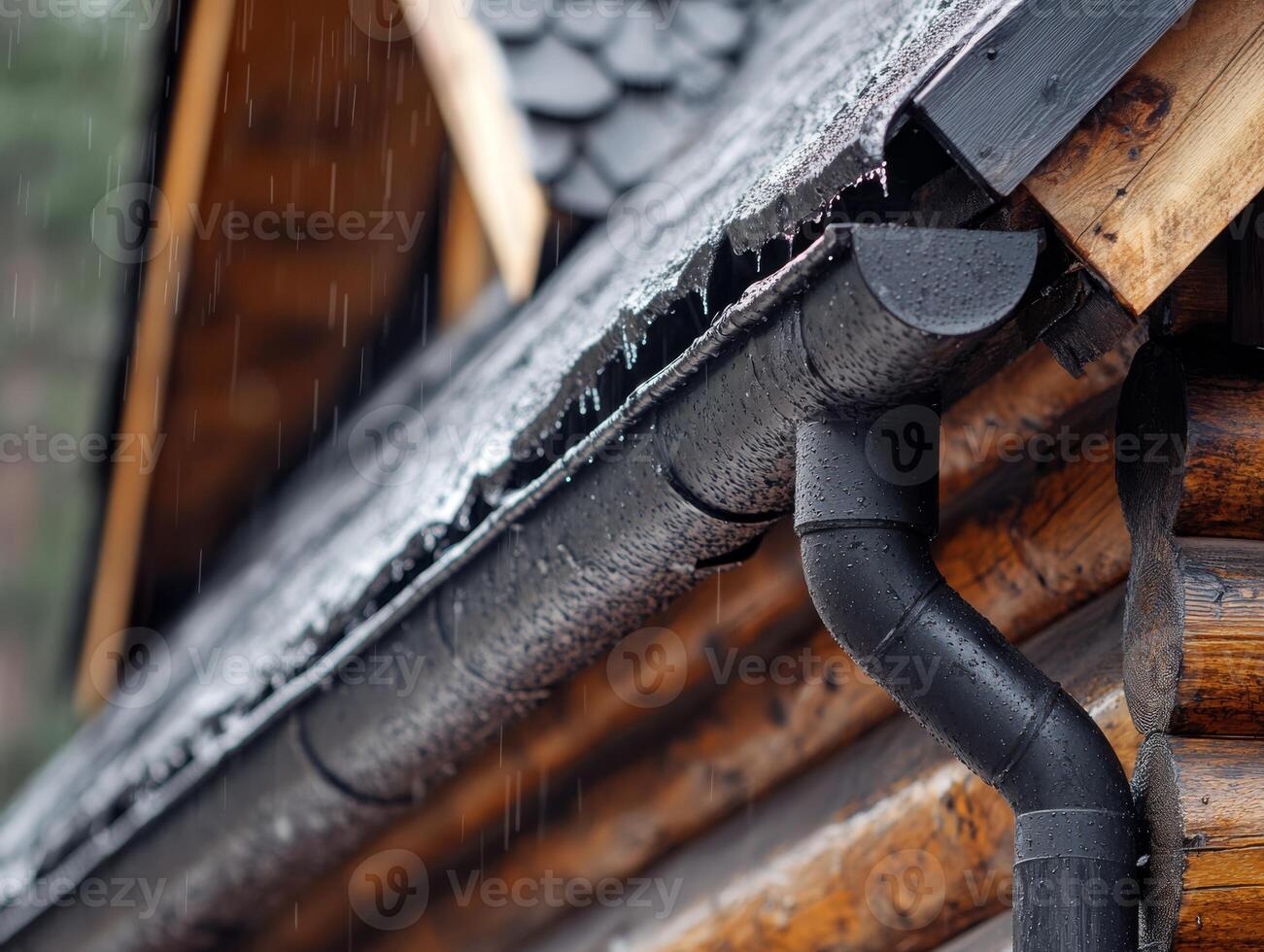 This advanced gutter drainage system is expertly installed on a charming wooden house, ensuring efficient rainwater management to effectively protect the structure from potential waterrelated damage photo