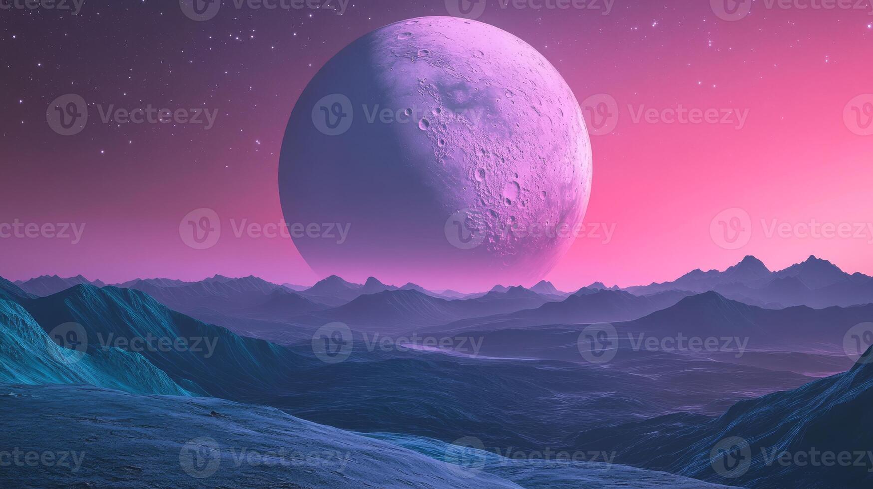 A stunning pastel purple moon rises above an enchanting landscape, capturing the magical beauty of space and nature during serene twilight. Its a mesmerizing sight blending the cosmos with nature photo