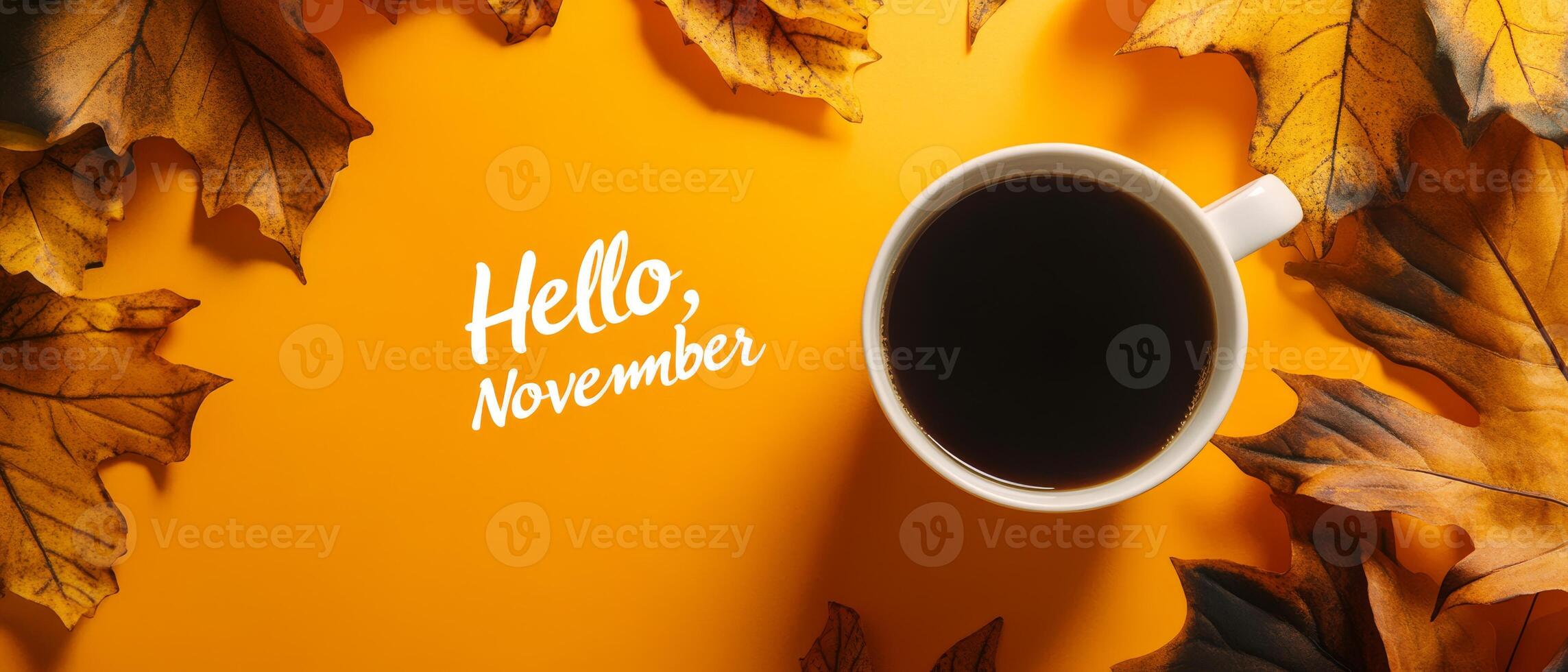 A warm and cozy scene that features a steaming cup of coffee carefully placed on a saucer, beautifully surrounded by vibrant and colorful autumn leaves, celebrating the delightful arrival of November photo
