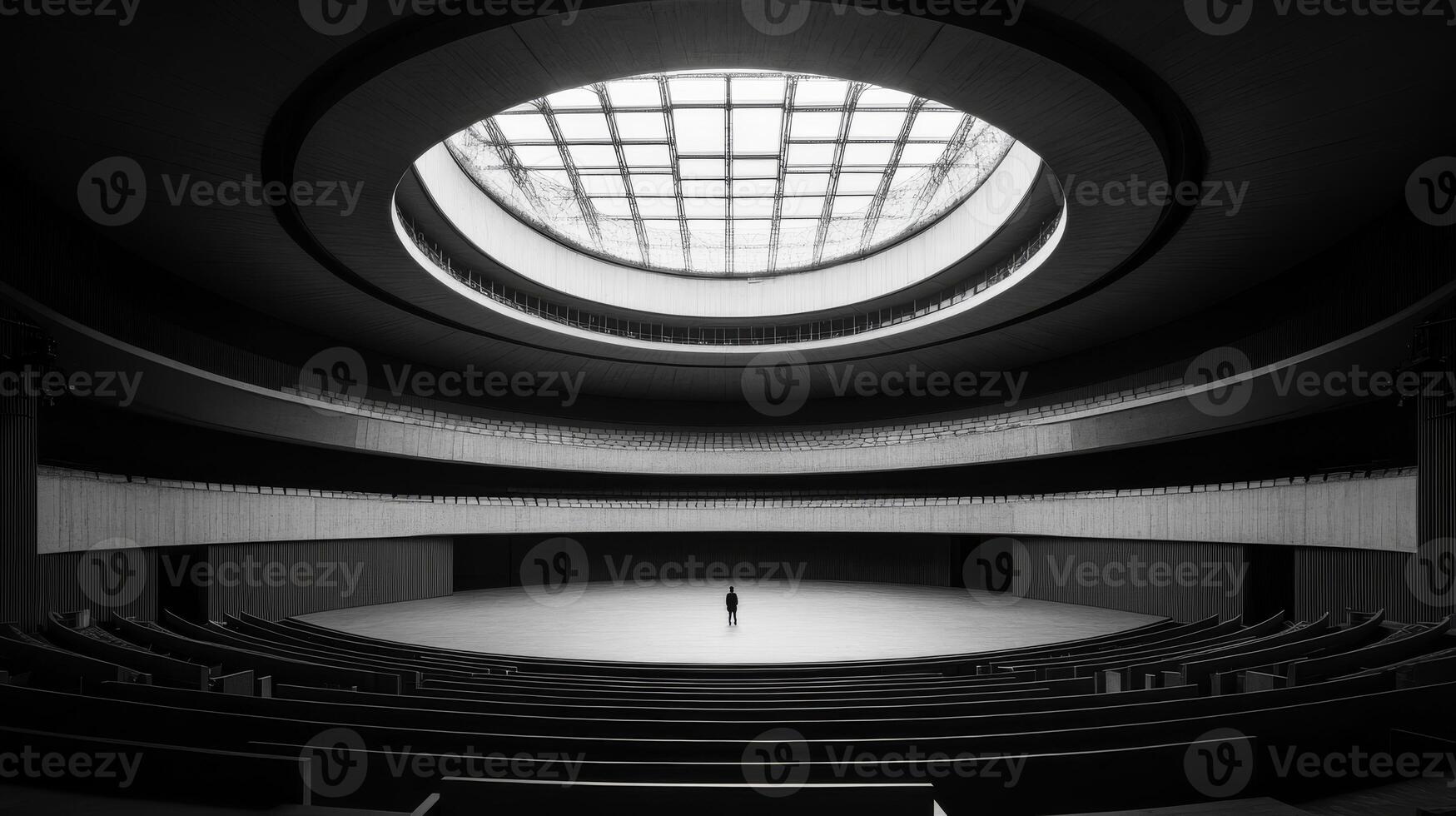 This is a stunning blackandwhite view showcasing a vast and empty circular auditorium, effectively highlighting the modern design features and impressive symmetry inherent in its structure photo