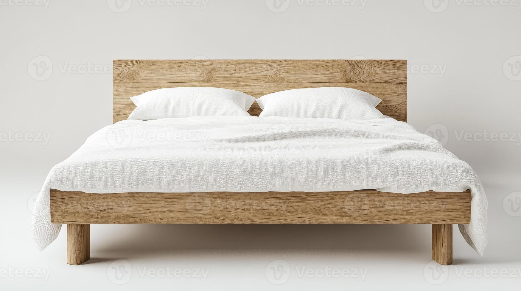 This is a beautifully designed wooden bed that showcases a luxurious white linen duvet along with matching cushions. It is perfect for enhancing modern bedroom aesthetics in any home photo
