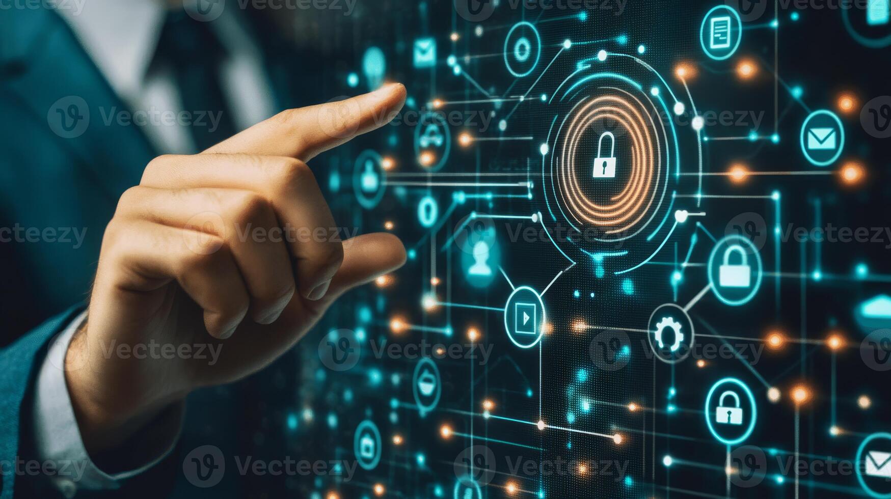 A highresolution digital screen shows various tech icons covering key topics like network connectivity, cloud storage, and security systems, providing users with insightful information photo