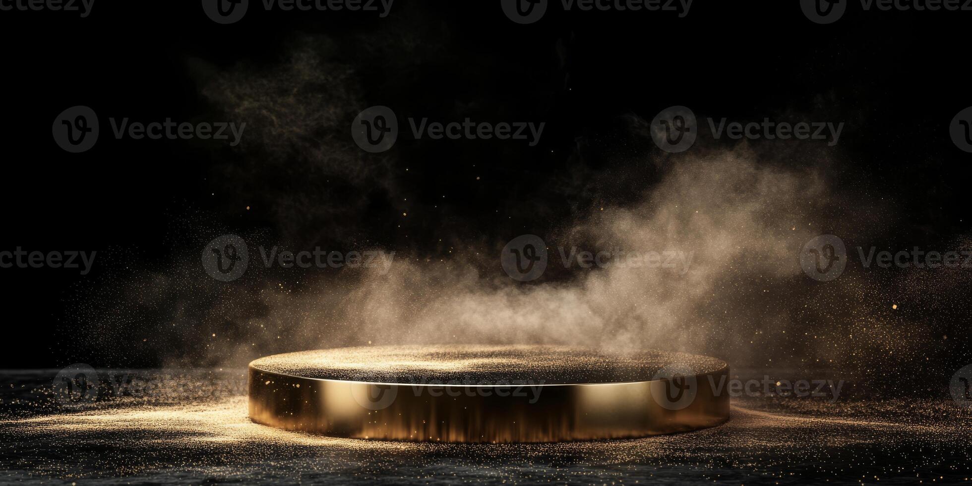 This is a stunning 3D render, beautifully showcasing an elegant gold podium set against a sleek black background. It is an ideal choice for luxury presentations and highclass showcases photo