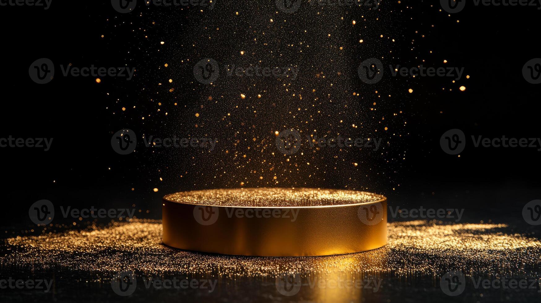 This stunning 3D render of a golden podium is surrounded by sparkling particles against a modern black background, perfect for impressive presentations that will leave your audience in awe photo