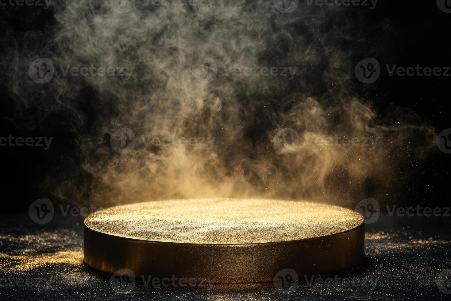 A stunning 3D render showcases a luxurious golden podium against a dark background, enhanced by mist and smoke effects, creating an impressive visual presentation that captivates viewers photo