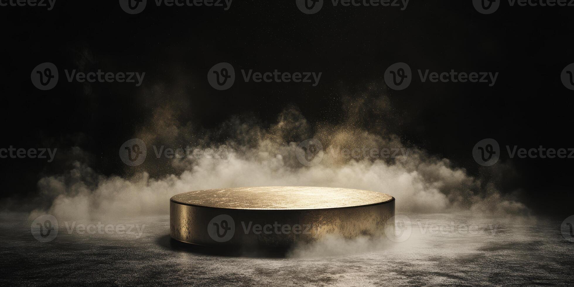 This captivating 3D render features a shiny gold podium surrounded by swirling smoke on a mysterious black background, ideal for showcasing awards or exclusive products in a luxurious setting photo