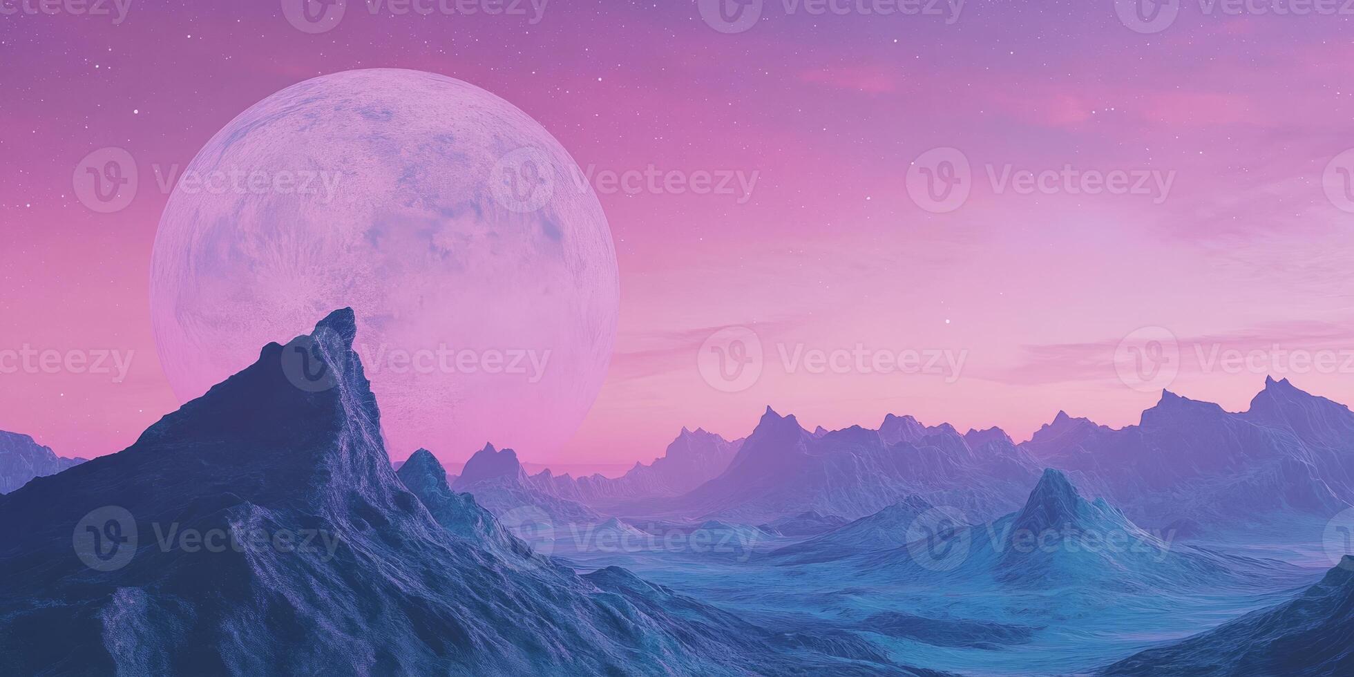 Imagine a dreamy cosmic landscape with majestic mountains under a glowing pastel moon. Rich purple and tranquil blue blend to create an enchanting night sky that captivates the imagination photo