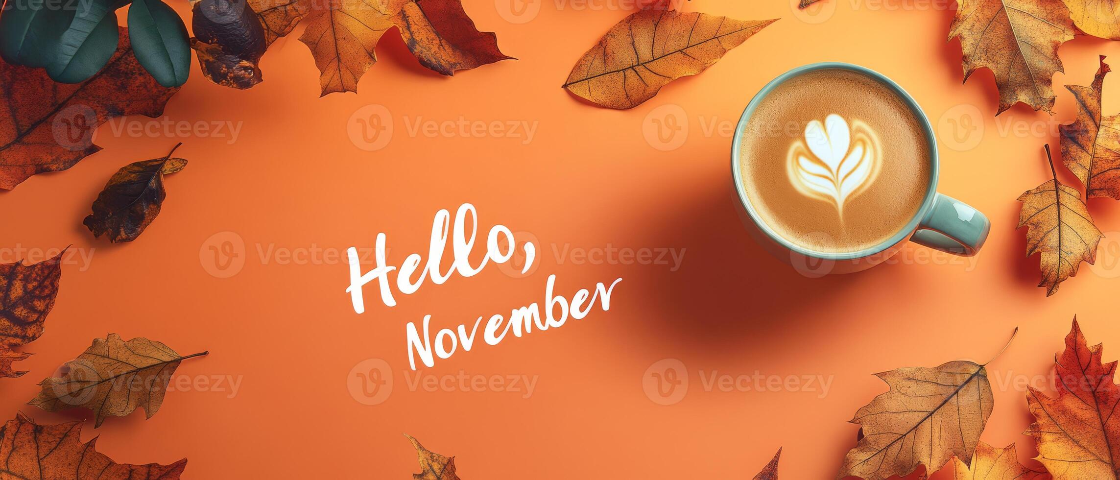 On a bright orange surface adorned with colorful autumn leaves, a cozy and inviting cup of warm coffee beautifully symbolizes the joyful spirit of November along with the delightful fall season photo