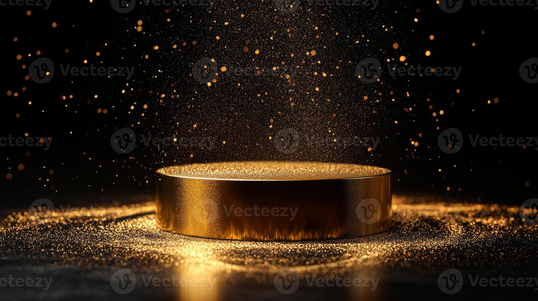 This stunning 3D render of a gold podium, enhanced by sparkling particles against a black background, is ideal for showcasing awards, promoting products, or presenting visuals in an eyecatching way photo