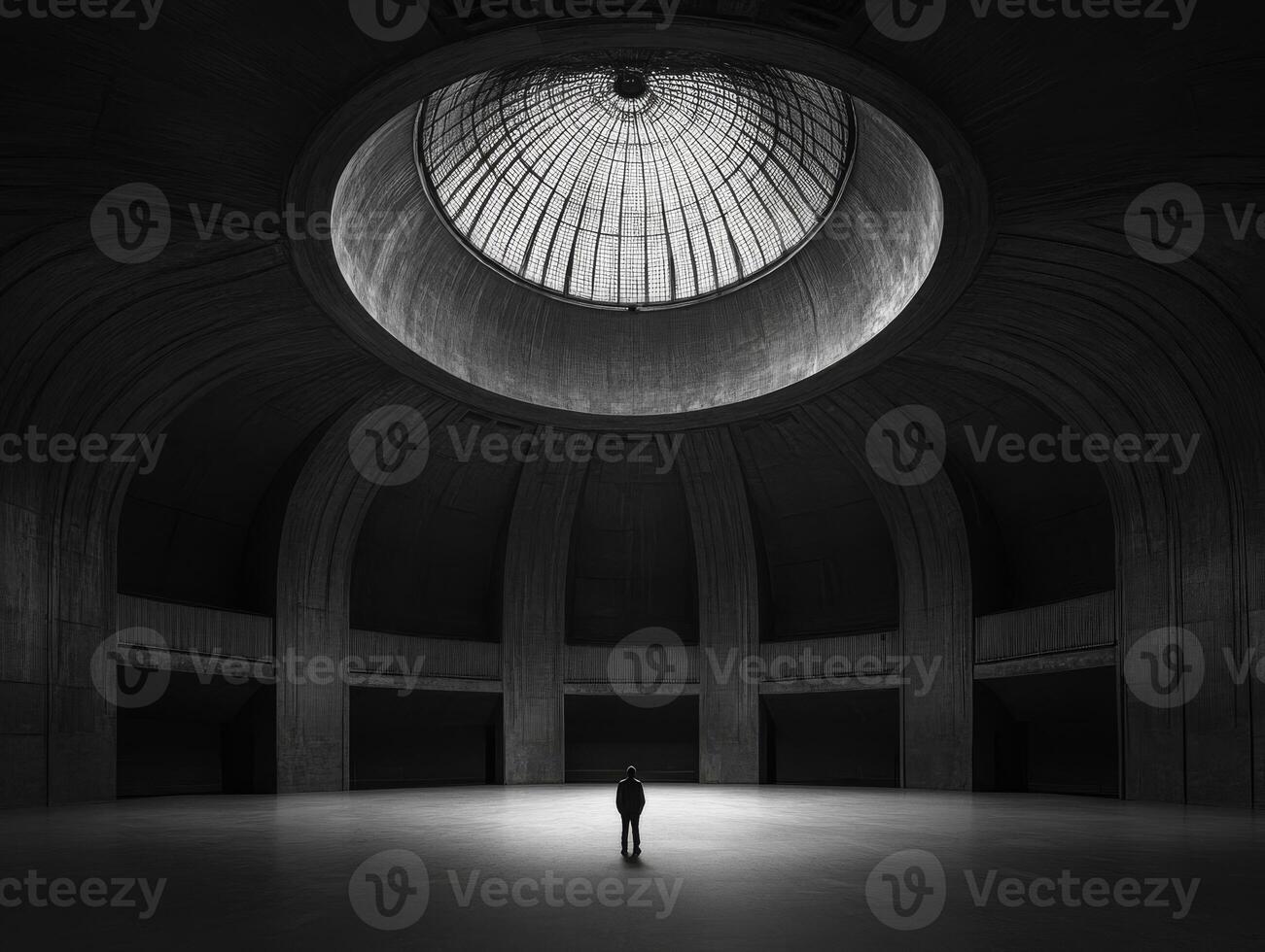 A solitary figure stands alone in an expansive circular auditorium, uniquely illuminated by bright light streaming from a grand skylight above, showcasing an impressive modern architectural marvel photo