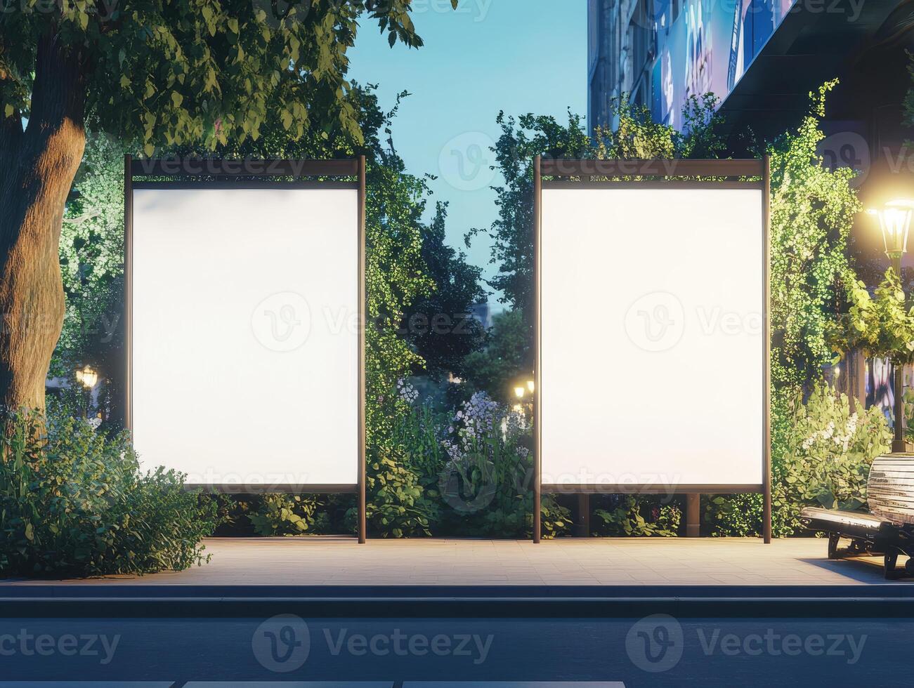 A peaceful urban bus stop that features two empty advertisement panels, which are surrounded by lush greenery, creating an ideal setting for displaying promotional materials effectively photo