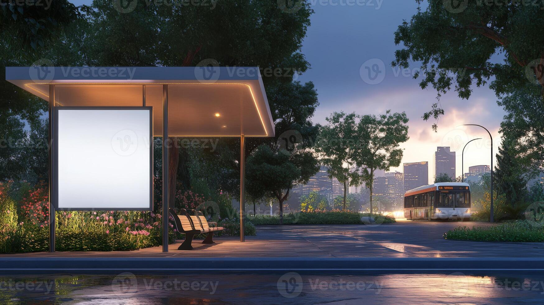 An empty advertising panel can be found at a tranquil urban bus station, encircled by flourishing trees, creating an excellent opportunity for impactful marketing in this busy public transport area photo