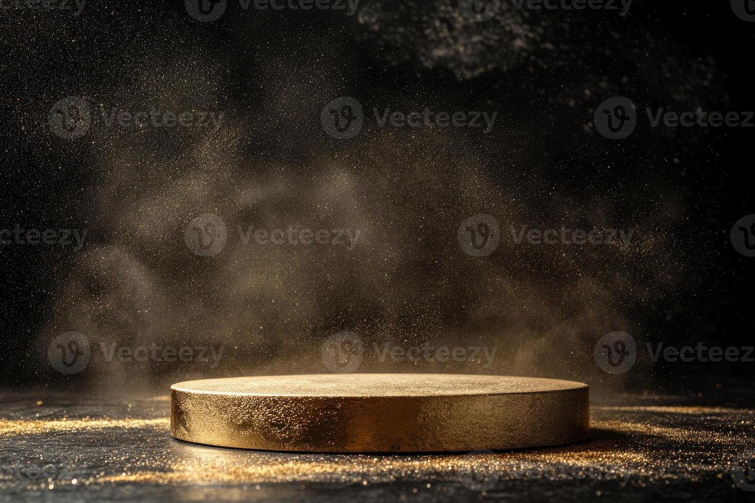 A stunning 3D render that showcases a gold podium elegantly set against a rich, dark backdrop, making it an ideal visual for presentations, product showcases, or even prestigious award ceremonies photo