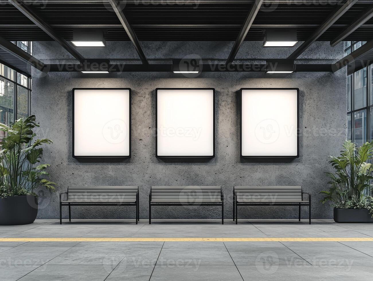 This modern bus stop showcases three vacant advertisement panels, comfortable benches, and lush greenery, making it the perfect location for marketing campaigns and essential commuter information photo