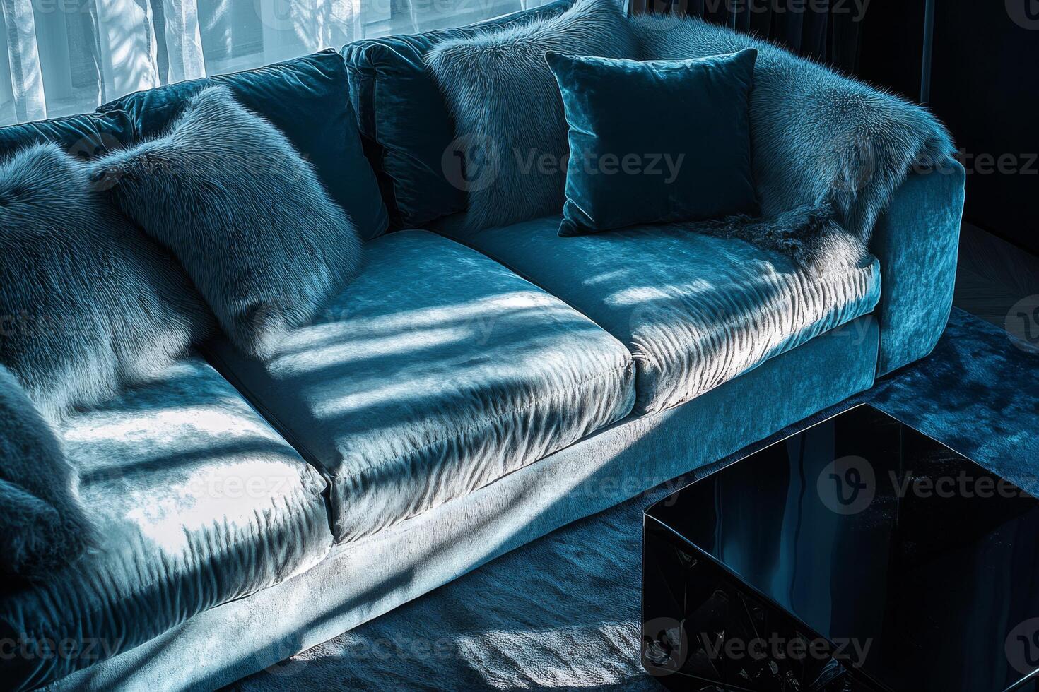 The living room showcases a serene minimalist style with a luxurious blue velvet sofa, a modern coffee table, and soft decor, creating a cozy and inviting atmosphere in a stylish apartment photo