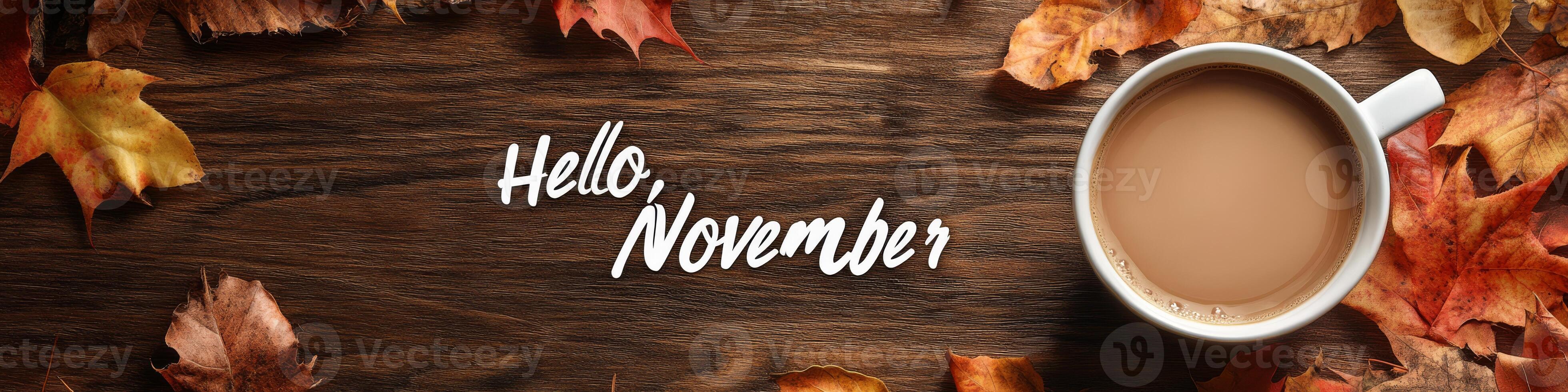 A warm and cozy scene featuring a steaming cup of coffee accompanied by vibrant and colorful orange leaves, beautifully capturing the true essence and spirit of the November season photo