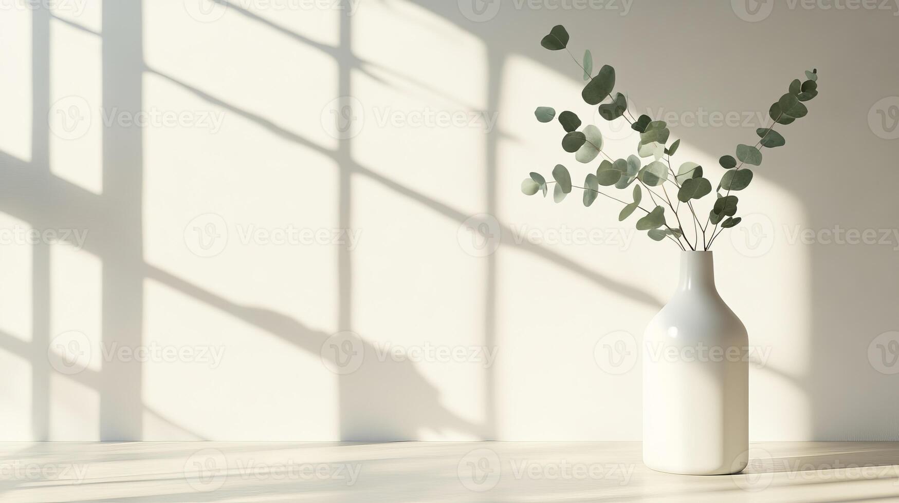In this minimalistic setting, a pristine white vase holds eucalyptus leaves, casting shadows on a soft beige wall, creating an ideal backdrop for branding, showcasing simplicity and sophistication photo