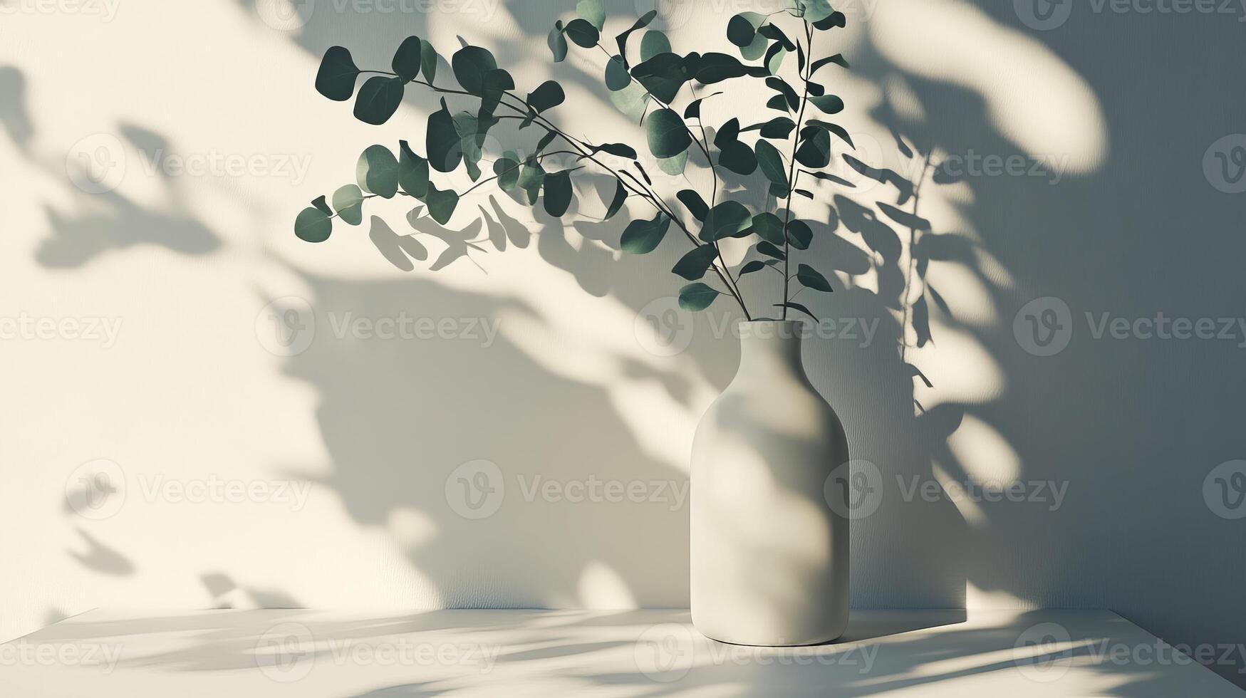 This elegant composition features a vase with lush eucalyptus branches, casting gentle shadows on a minimalist surface, embodying modern aesthetics and creating a serene atmosphere photo