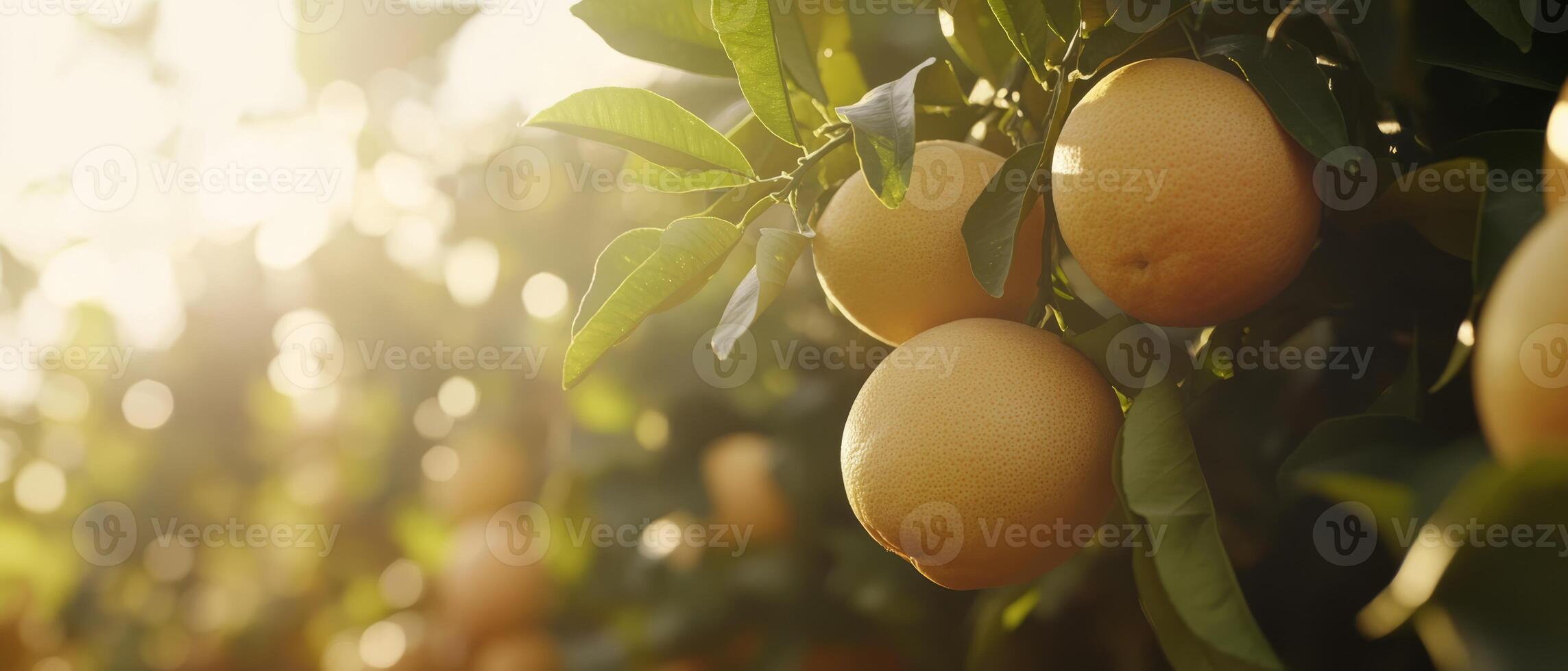 In a vibrant citrus grove, mature yellow grapefruits gracefully hang from branches, bathed in the warm sunlight, showcasing the stunning beauty of nature along with the art of fruit cultivation photo