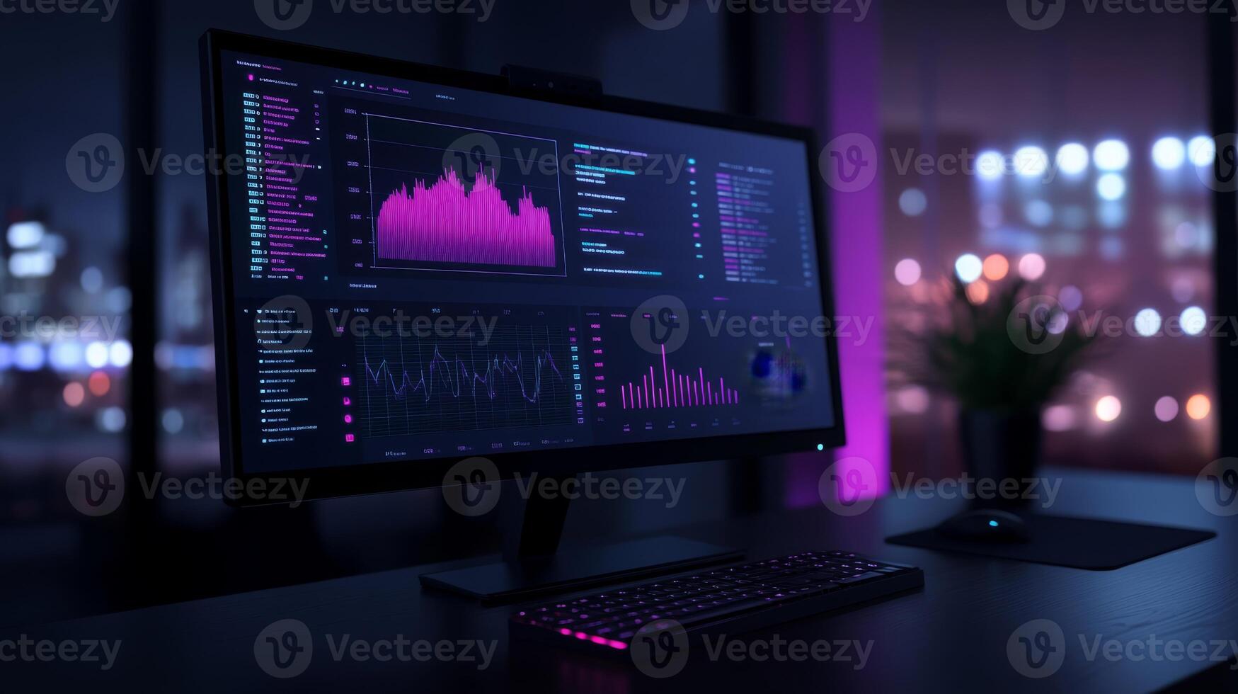 Monitor displaying vibrant data visualization in a modern workspace at night. Blue and pink hues enhance the technological atmosphere, ideal for professionals focused on data analysis and innovation. photo
