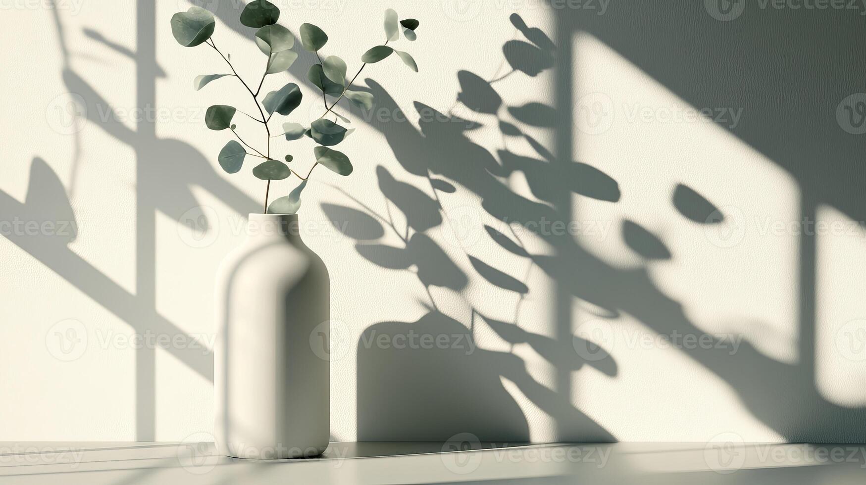A beautifully simple vase filled with fresh eucalyptus elegantly casts delicate shadows on a neutral wall, perfectly embodying the essence of minimalist aesthetics in this serene and tranquil scene photo
