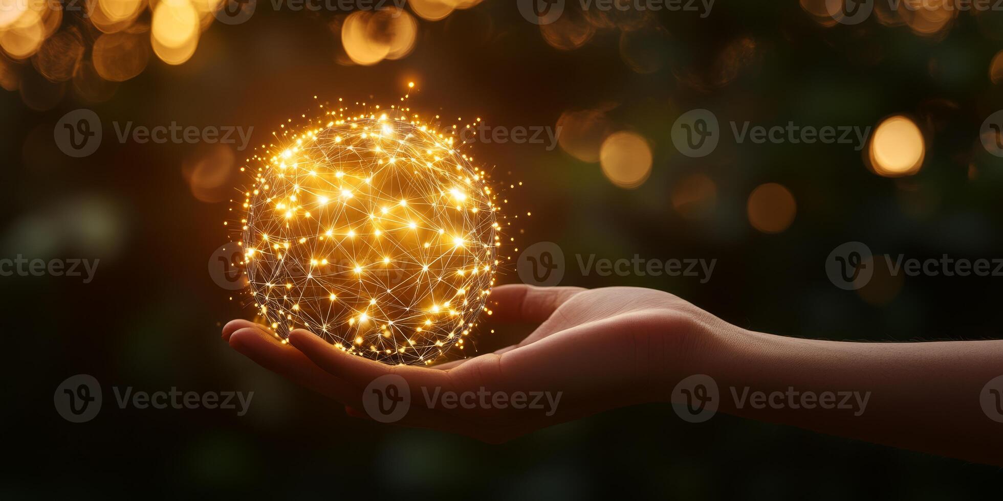 A hand grasping a glowing sphere filled with sparks, symbolizing the integration of advanced technology, evolution, and artificial intelligence as essential elements of modern life photo