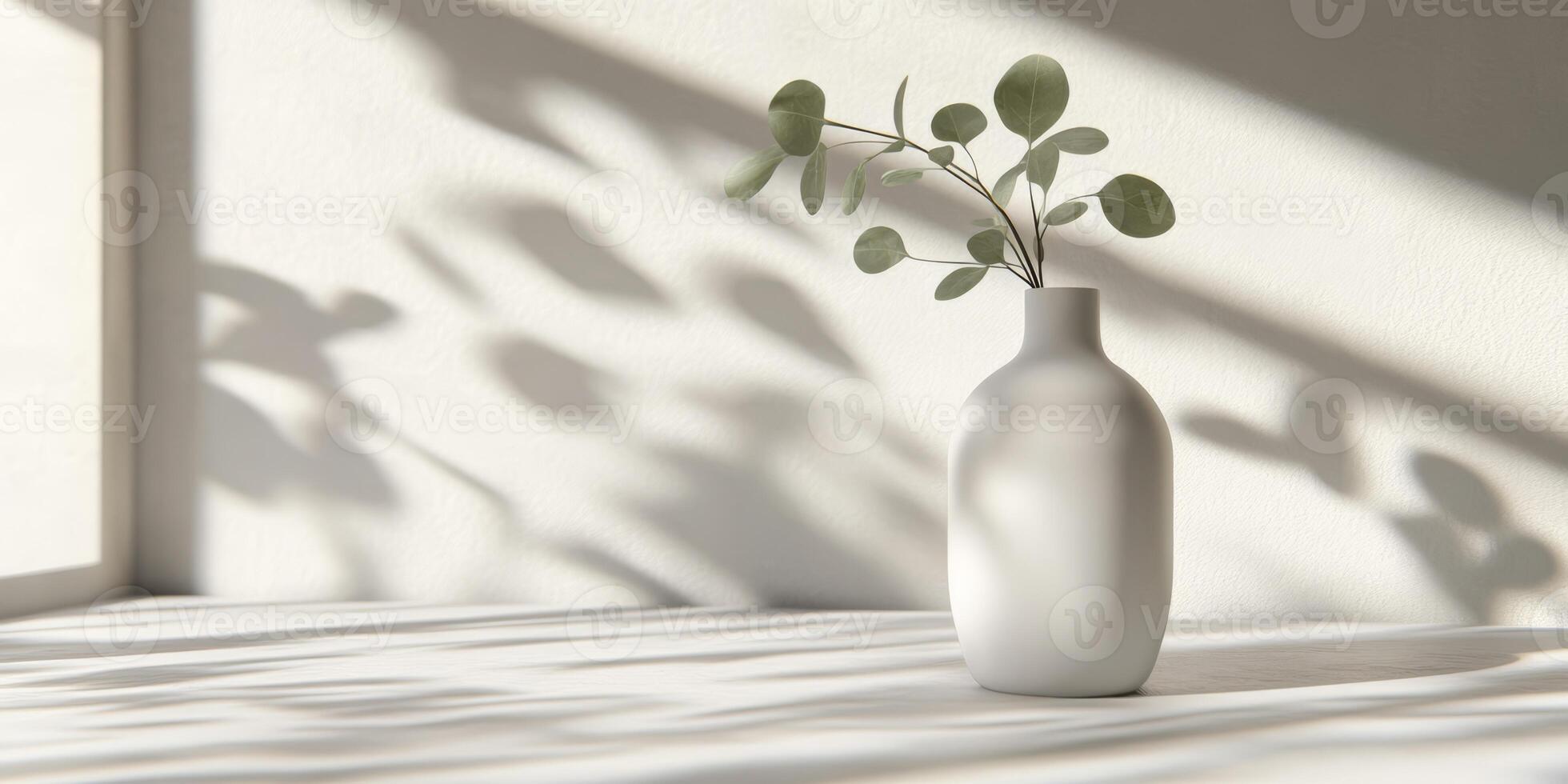 This serene composition features a white vase with elegant branches, casting soft shadows on a neutral background, embodying modern minimalism and evoking peace and tranquility in any space photo