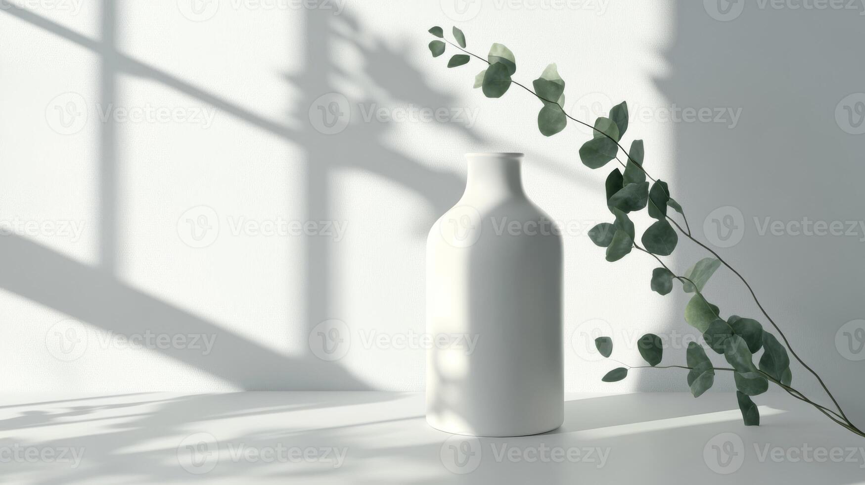 A sleek white vase enhances greenery, casting shadows on a neutral backdrop, embodying modern minimalism. This elegant arrangement is ideal for contemporary decor, balancing nature and design photo