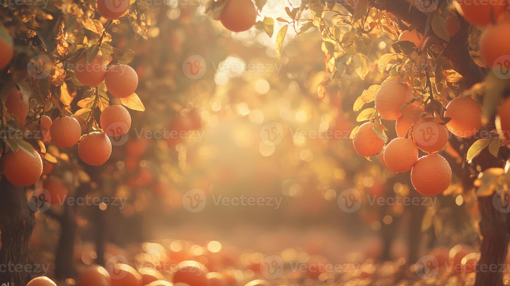 A picturesque citrus grove brimming with ripe, vibrant yellow grapefruits hanging abundantly from the branches, all bathed in the warm glow of sunlight, creating a serene and lively atmosphere photo