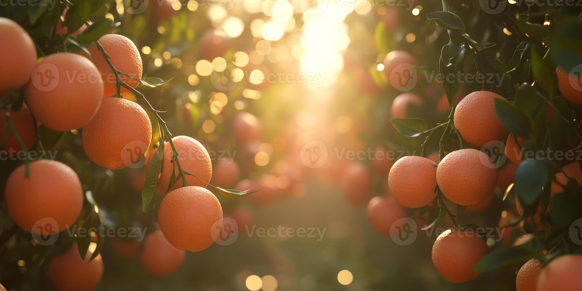 In a vibrant citrus grove, the ripe yellow grapefruit dangle enticingly from their branches, beautifully illuminated by the warm, radiant sunlight, creating a lively and inviting outdoor atmosphere photo