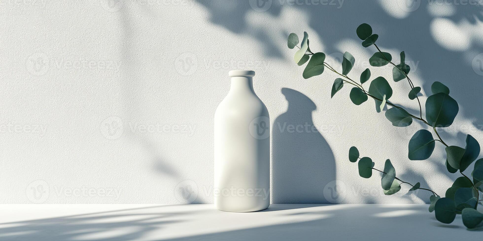 This minimalist display shows a bright white bottle casting subtle shadows, complemented by lush green leaves, creating an inviting atmosphere and promoting a serene, sustainable aesthetic photo