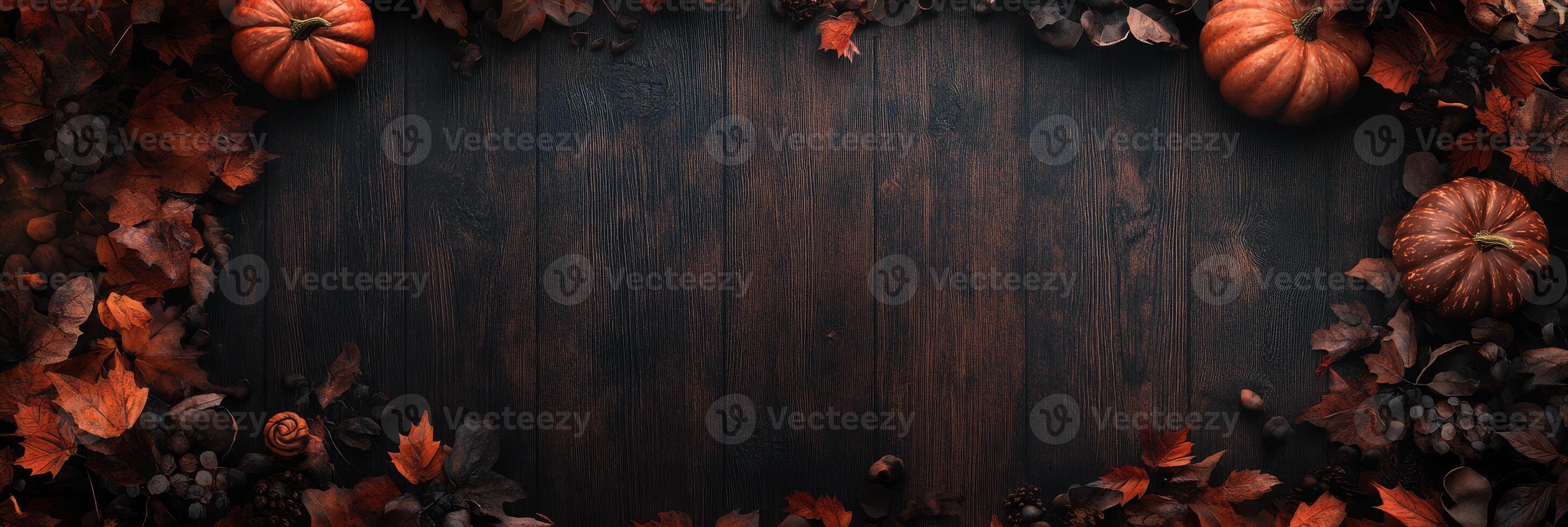 Capture the essence of Halloween with this rustic wooden background featuring pumpkins, playful bats, and eerie decorations, perfect for an inviting atmosphere during festive fall celebrations photo