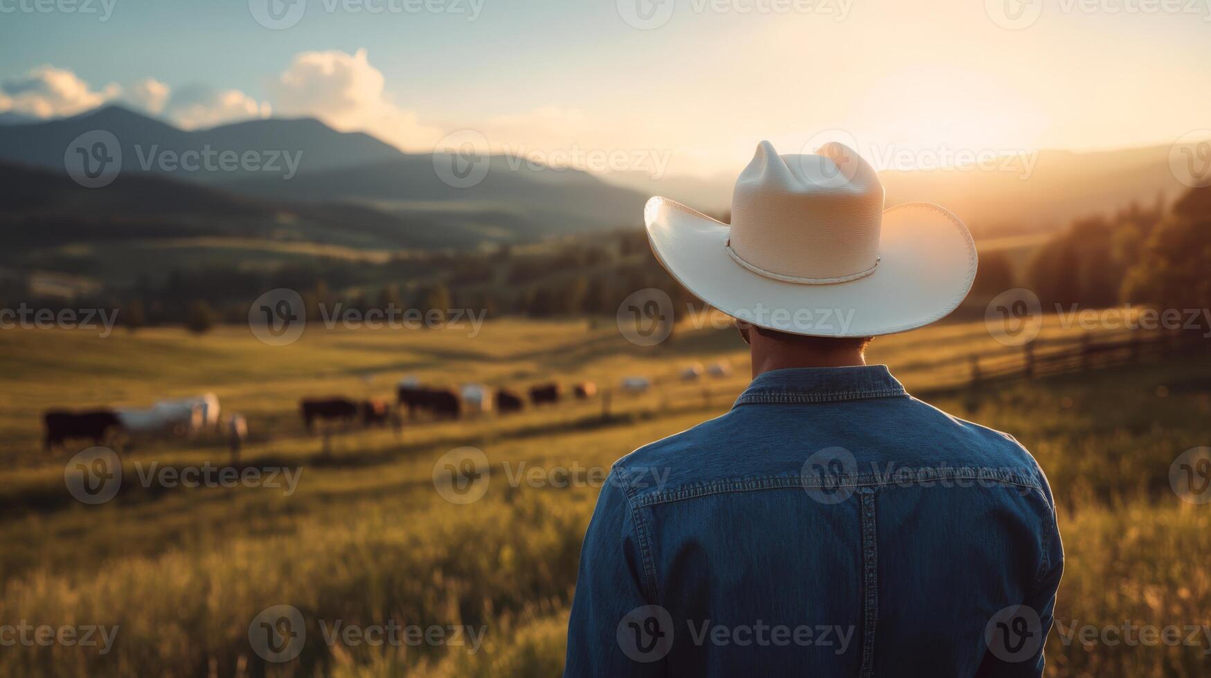 A rugged cowboy dressed in a classic denim jacket stands quietly as he observes a stunningly tranquil sunset casting warm hues over rolling hills, while cattle graze peacefully on a picturesque farm photo