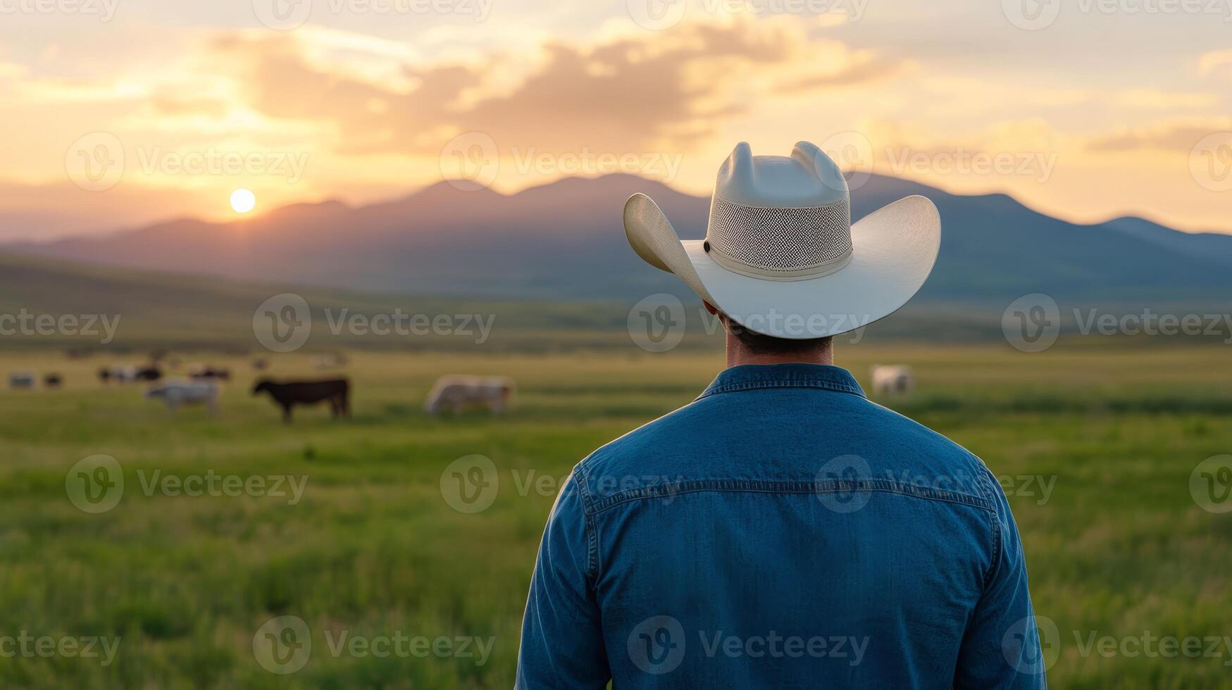 A cowboy, dressed in a classic denim jacket and stylish hat, stands and gazes thoughtfully over a tranquil farm landscape at sunset, fully embodying the essence of rural life and agricultural success photo