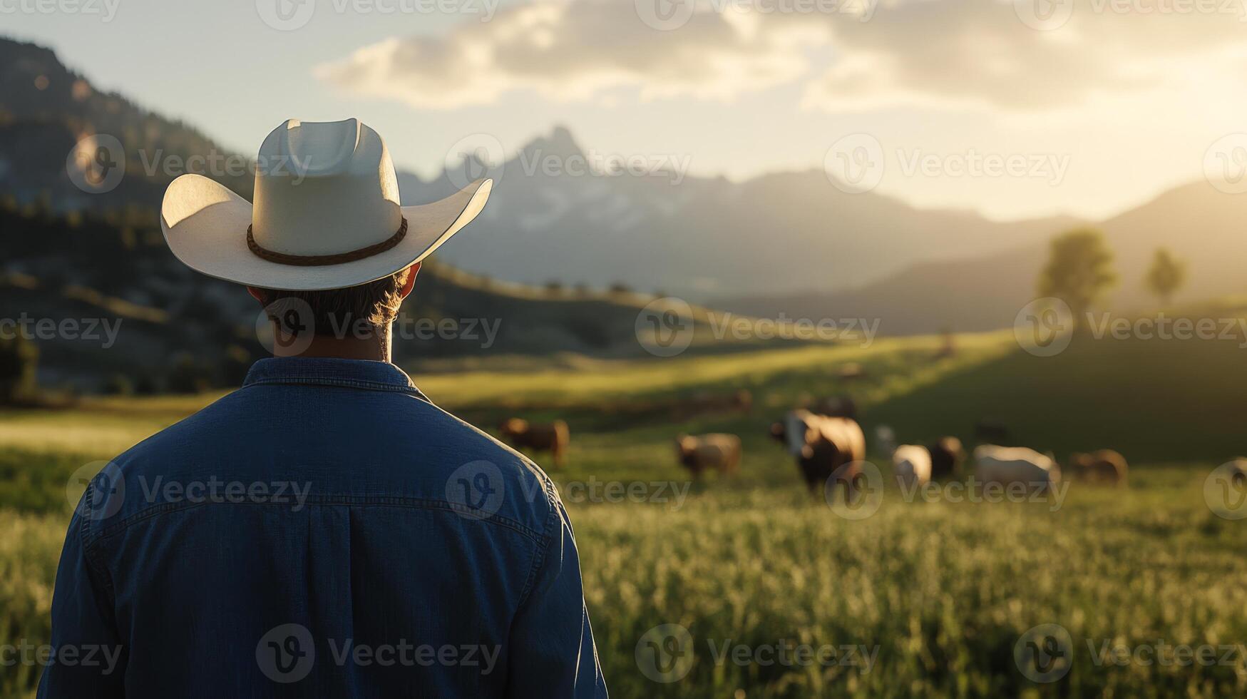 A cowboy in a widebrimmed hat gazes over lush fields where cattle graze, embodying rural life and agricultural success amid rolling hills, creating a tranquil and prosperous scene photo