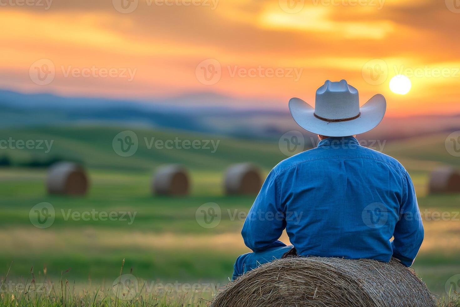 A solitary cowboy in a rugged denim jacket and widebrimmed hat sits on a hay bale, contemplating the serene rural landscape as a stunning sunset paints the sky with vibrant oranges and pinks photo