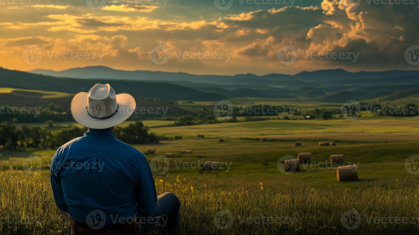 A farmer in a cowboy hat admires open fields filled with grazing cattle under a beautiful sky, showcasing the essence of rural life and the vital role of agriculture in our society photo