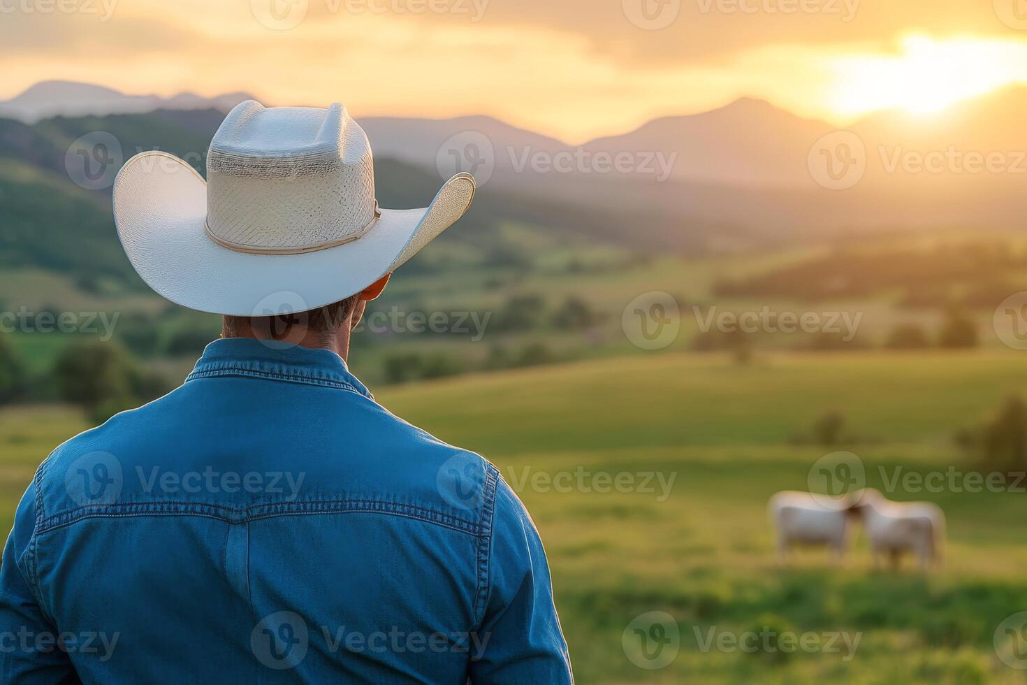 A lone cowboy gazes at a serene sunset over rolling hills, reflecting the rustic beauty of rural life and a deep connection to nature, capturing the essence of freedom in the peaceful countryside photo
