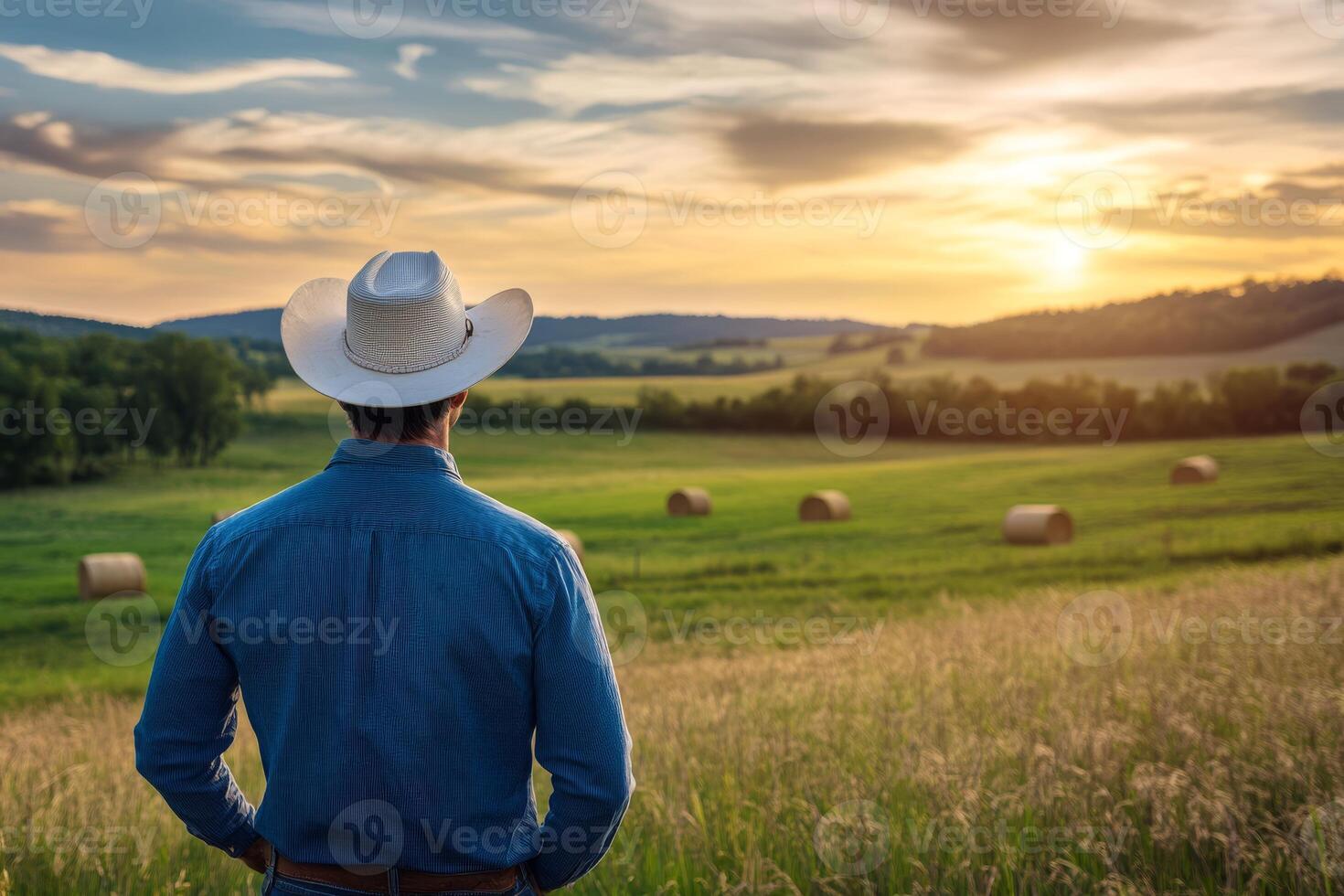 A cowboy in a denim jacket and widebrimmed hat stands in a green field, gazing at a beautiful sunset over rolling hills, embodying the essence of rural life and agricultures hardworking spirit photo