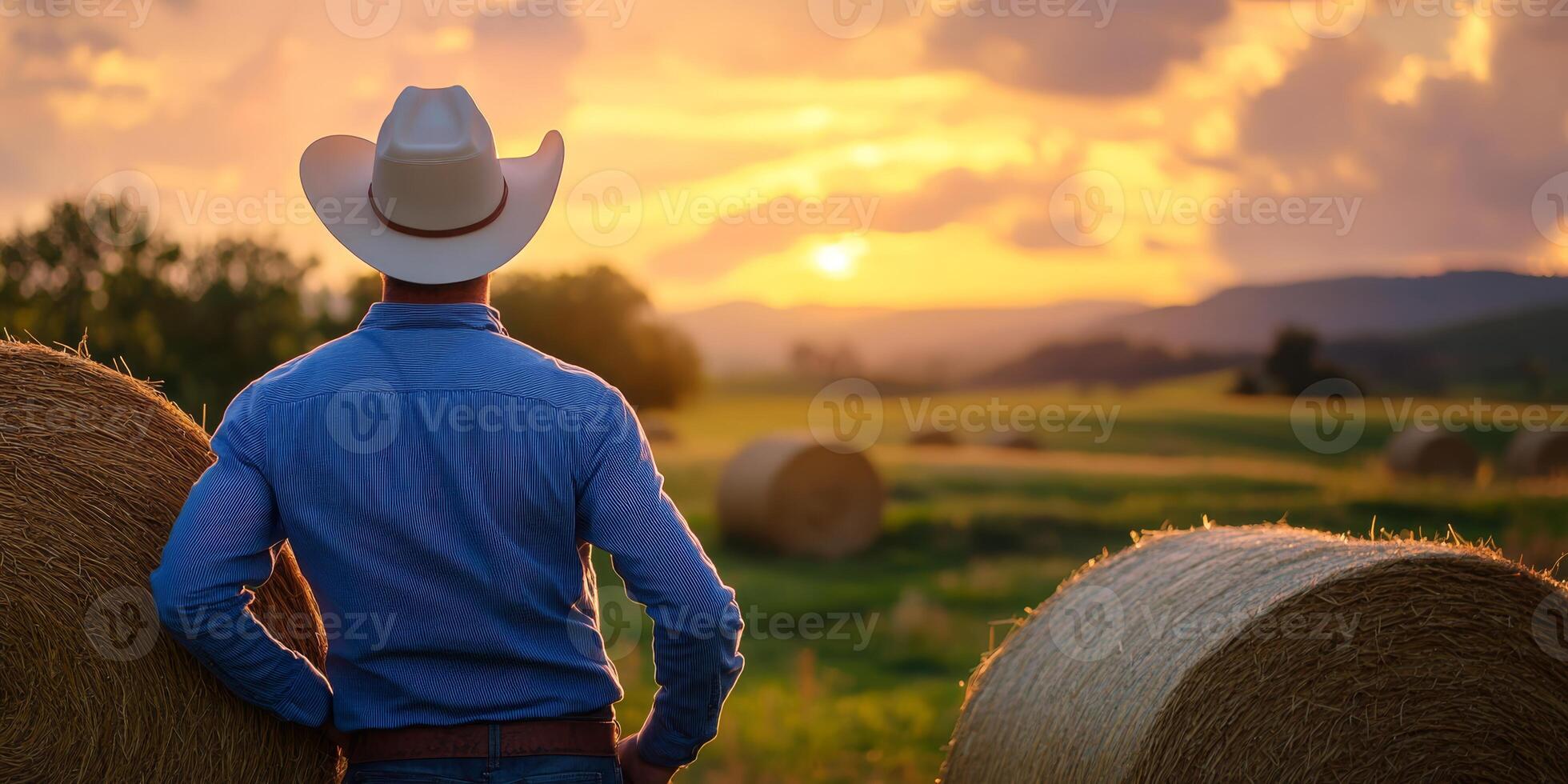 A reflective cowboy stands on his cattle farm, gazing at the fields as the sun sets, deeply embodying the peaceful essence of rural life and highlighting the achievements of agricultural success photo