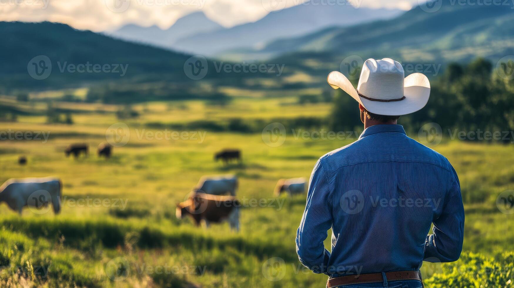 In a serene moment amid natures beauty, a cowboy takes a break to observe a herd of cattle grazing across rolling green hills, capturing the essence of rural life in a stunning landscape photo