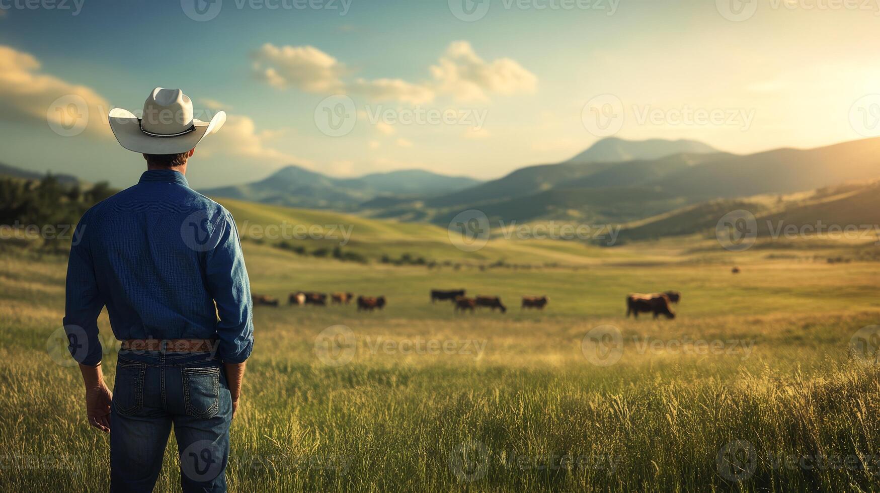 In a tranquil landscape of rolling hills, a lone cowboy in a denim jacket and widebrimmed hat watches over grazing cattle under a soft, overcast sky, creating a calm and peaceful scene photo