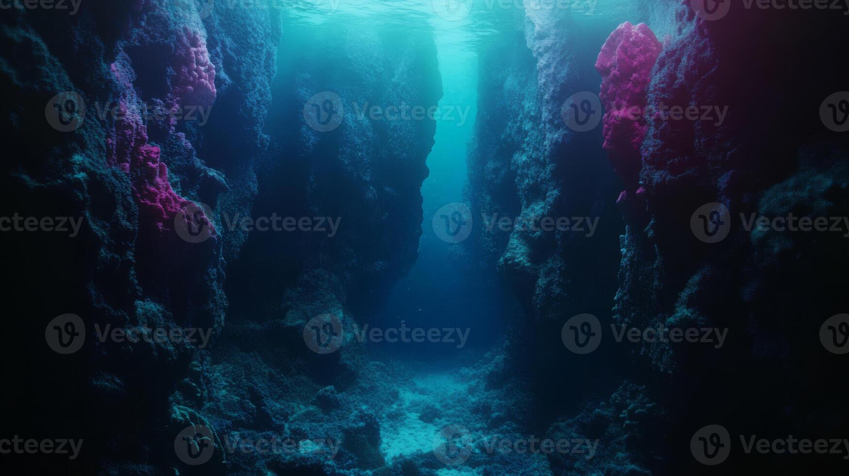 A mesmerizing underwater canyon beautifully showcasing vibrant and colorful coral reefs nestled in serene blue waters photo