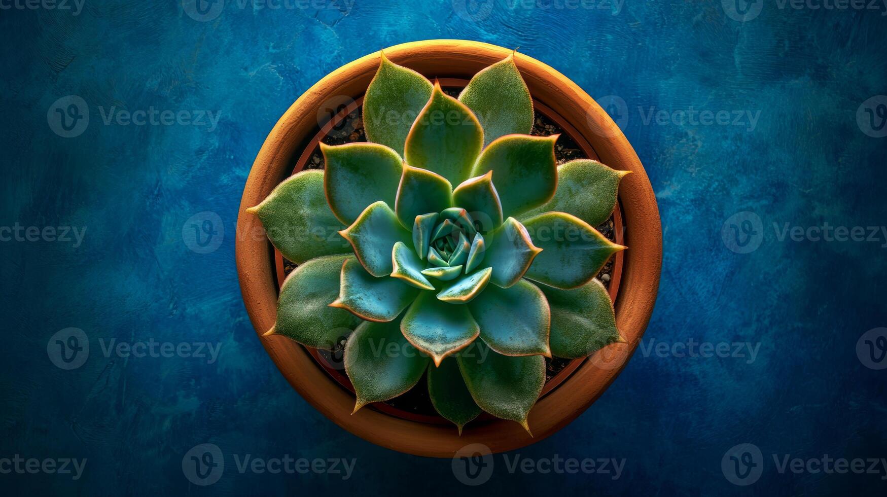 A breathtaking aerial perspective captures a magnificent blue echeveria succulent nestled in a terracotta pot, showcasing its perfectly symmetrical leaves and the rich, vibrant hues of its color photo